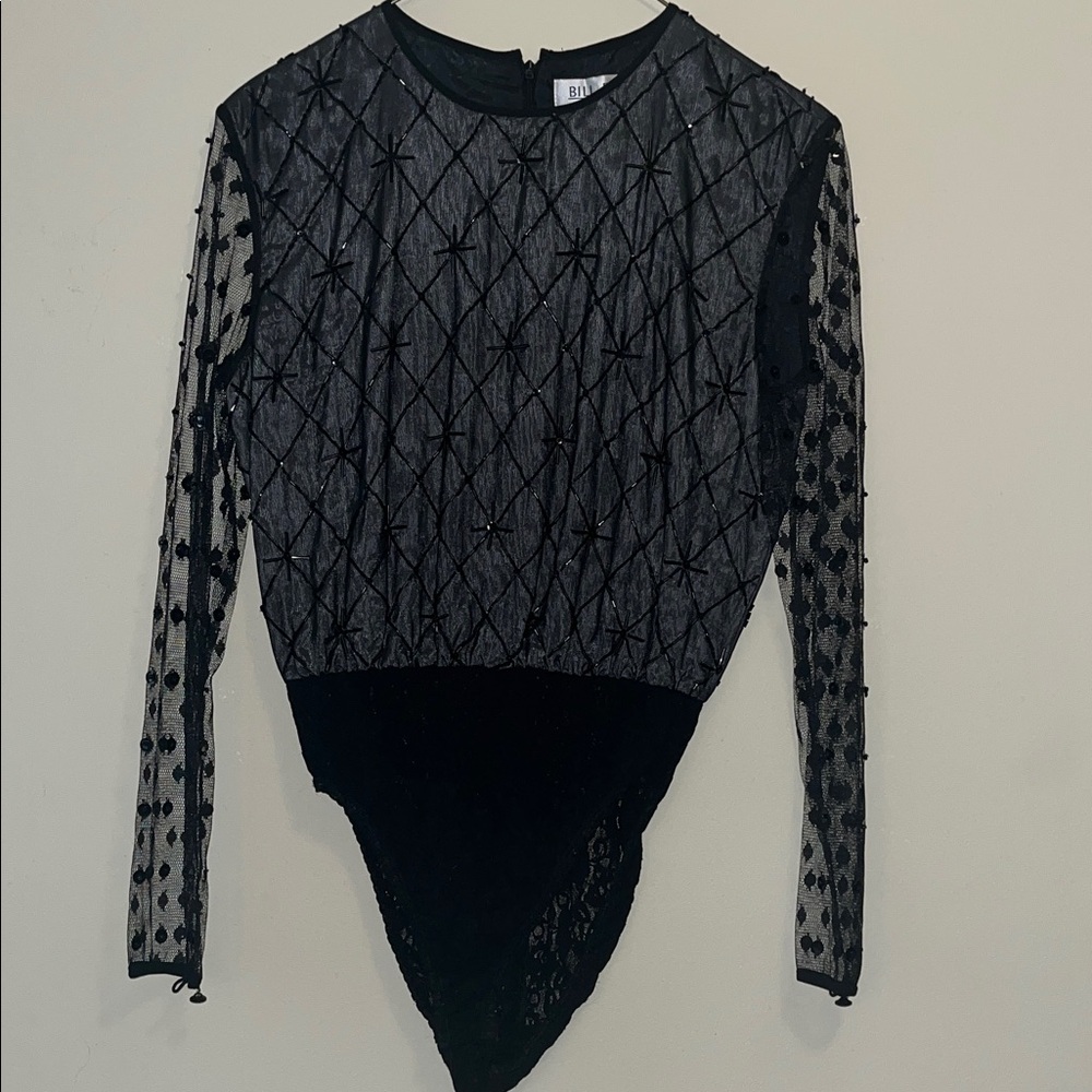 Bill Blass Black Sheer Beaded Bodysuit with Embellished Sleeves